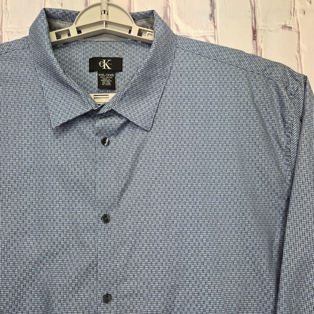 Calvin Klein Mens XXL XXG Blue Micro Check Dress Shirt 100% Cotton Long Sleeve